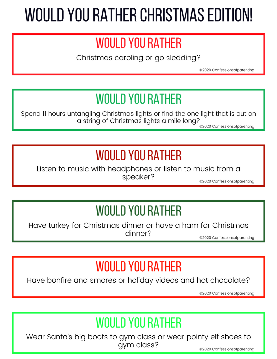 Christmas Would You Rather Game for Kids Printable Christmas 