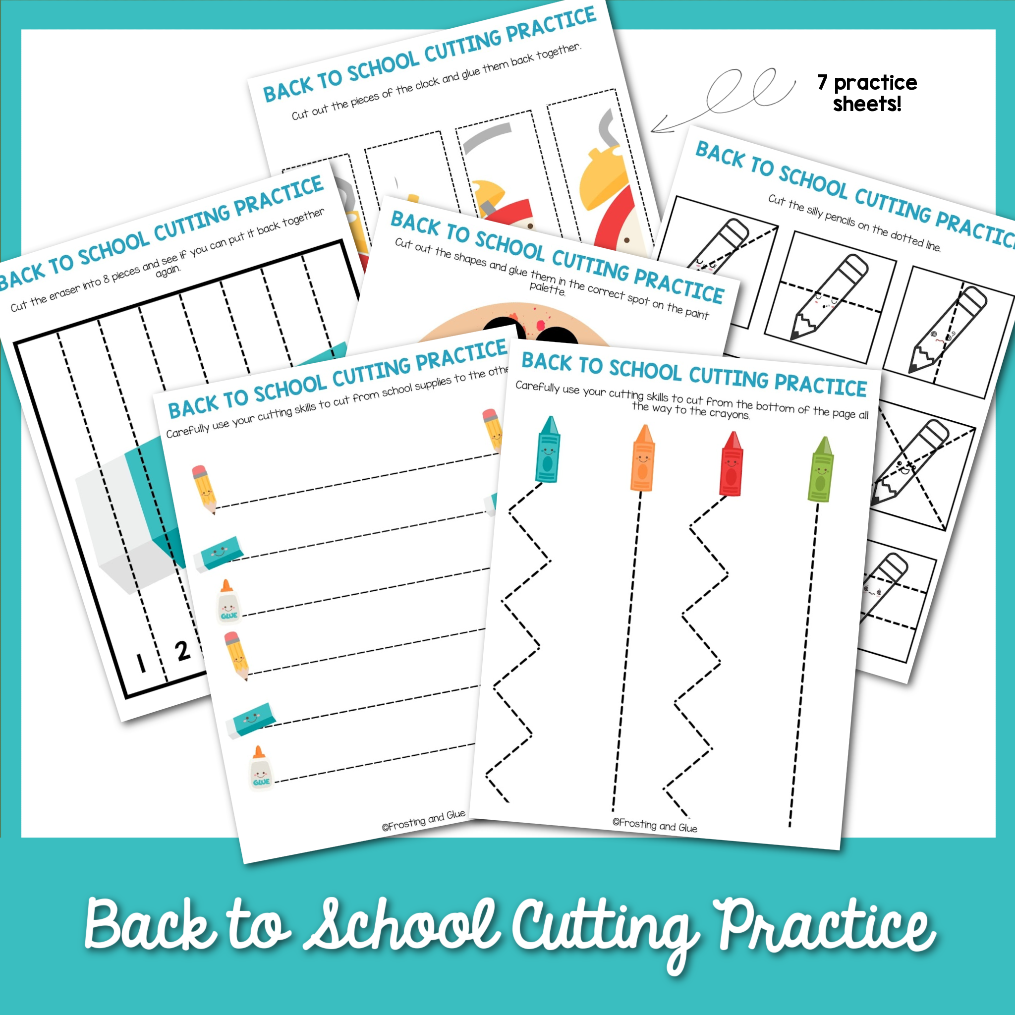 Set of 'Back to School Cutting Practice' worksheets on a teal background