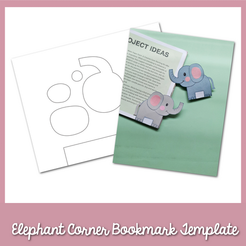 Elephant corner bookmark template with cut-out shapes and a completed bookmark on a green card.