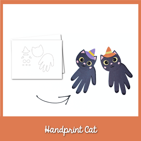 Handprint cat craft kit with two black cats wearing party hats on a white background.