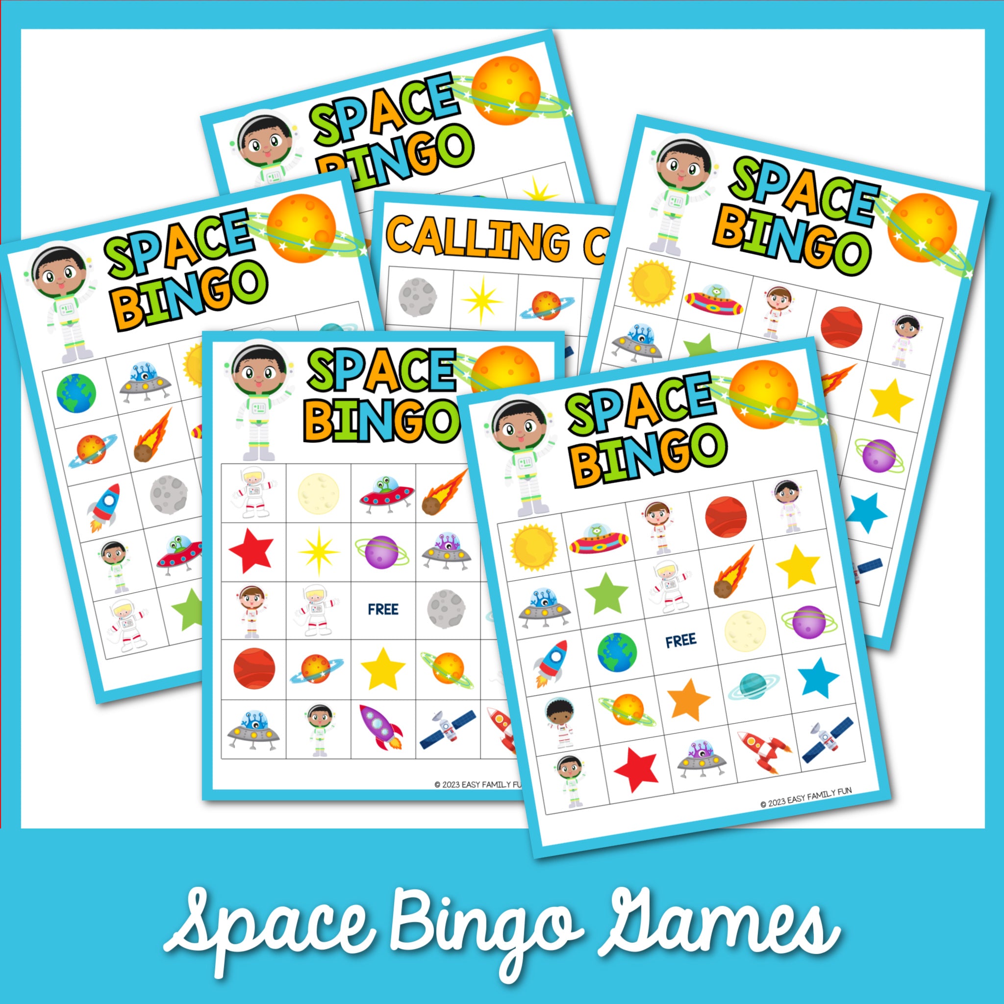 space bingo cards with blue border 