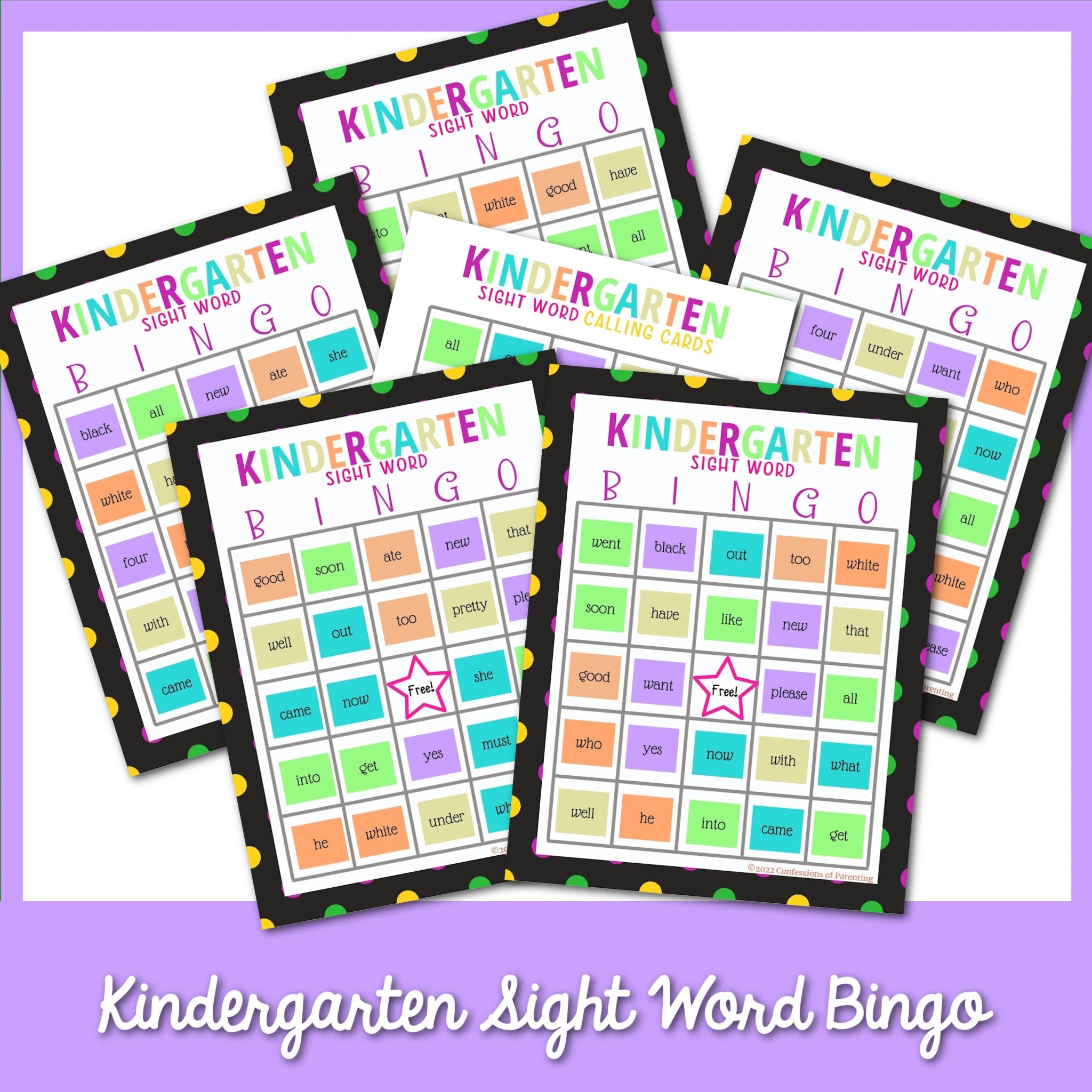 Kindergarten Sight Word Bingo Cards